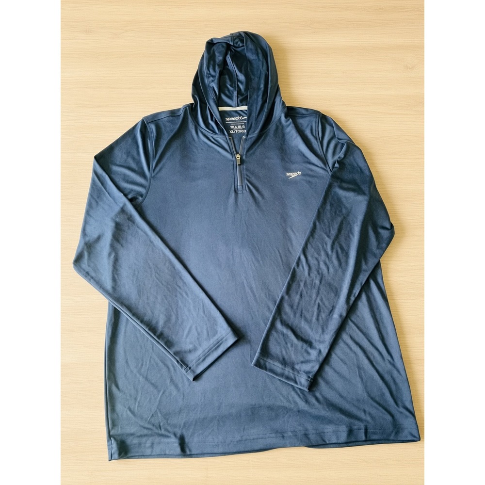 Speedo Mens XL Navy Blue Quarter Zip Hooded Long Sleeve Swim Shirt Rash Guard